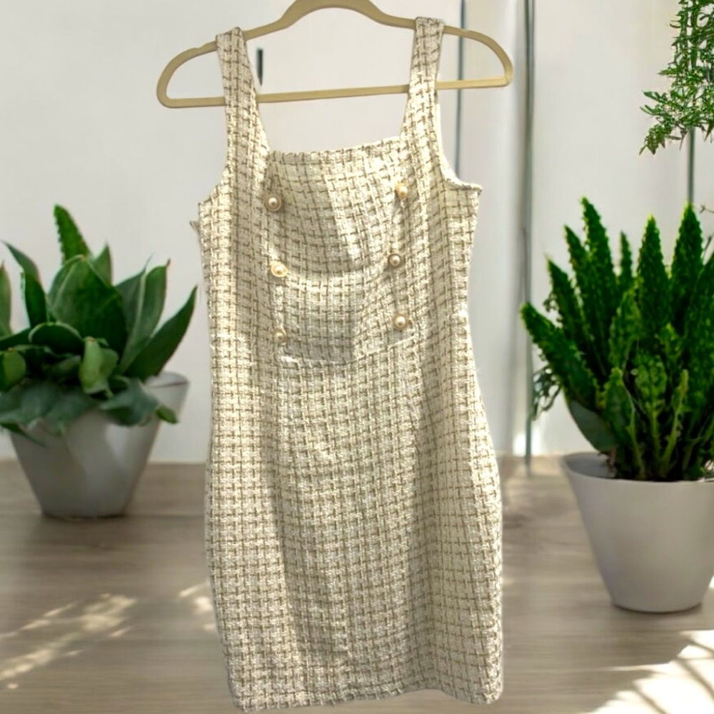 Cream & White Quilted Dress with Pearl Buttons